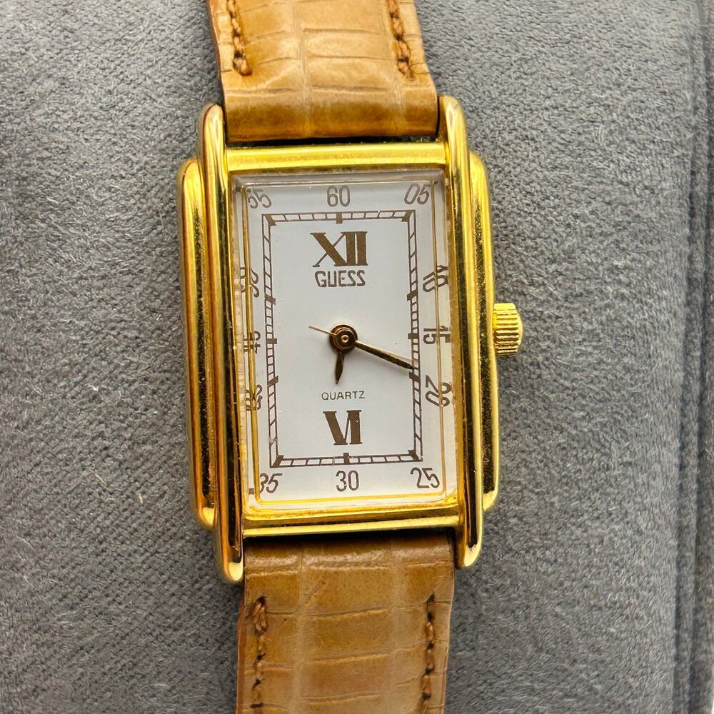 Guess Gold-tone Rectangular Case Leather Women’s Quartz Watch Working